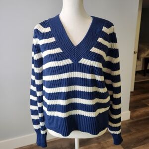 a new day Blue and Cream Striped V-Neck Sweater